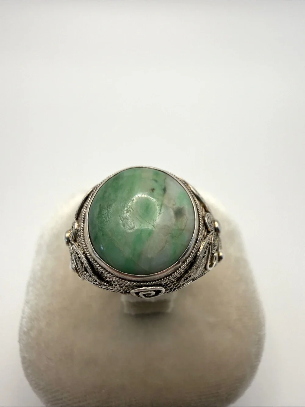 Antique Adjustable Chinese Silver Filigree Ring with Green Stone Cabochon